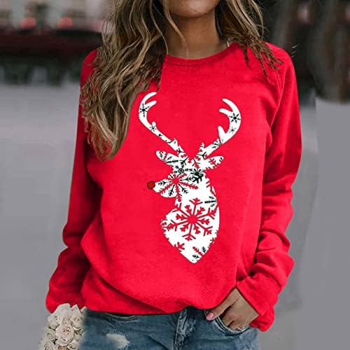 Gatxvg женски среќен Божиќ џемпер капка рамо рамо со долг ракав Божиќ елен врвен пулвер лесен кошула блуза