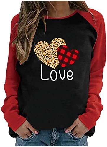 Бидете Денот на в Valentубените Раглан кошула за жени, дами обични празници со долг ракав маички леопард карирано срце пуловер