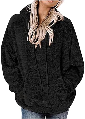 Ruziyoog Women'sенски 2022 година Зимски нејасни руно дуксери џемпери за џвакање со долг ракав Шерпа пуловер случајно лабава џебни палта