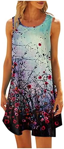 Пролетни фустани за жени, женски модни летни летни ленти печатени фустан без ракави на вратот