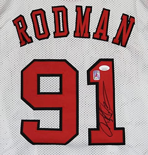 Денис Родман Чикаго Булс потпиша автограмирано бело 91 обичај „црв Jerseyерси“, беше сведок на ЦОА