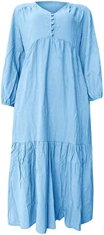Icodod фустан женско 2023 година пролетно копче памук ретро -обичен V врат долги ракави фустани за жени со џеб