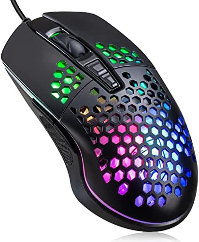 Лесен глушец за игри, жичен USB компјутерски игри глувци со ултралејтска школка за саќе, LED светло на RGB Chroma, 6400 dpi прилагодлив, Pixart 3325, Probramable 7 копчиња глувче за Windows 7/8/10
