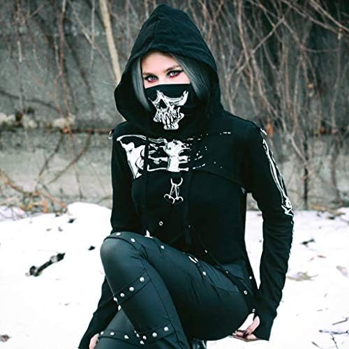 Женски панк -худи црна печати со долги ракави со долги ракави за Ноќта на вештерките
