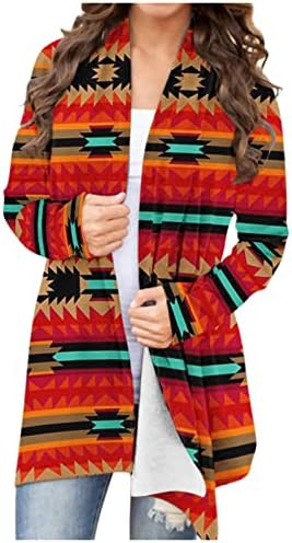 Womenените обични палта Западни етнички печати Топ Ретро Обичен Ацтек Печати Долг ракав кошула кардиган врвен палто