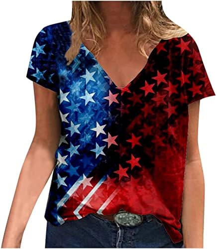 4 -ти јули кошули за жени летен ден на летна случајна независност печатени маици V вратот лабава удобност кратки ракави врвови