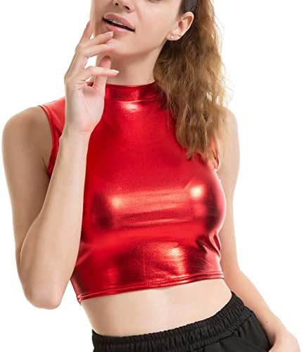Сјајна метална метална култура на Haitryli Top Mock Top Reck Tops Tops Rave Dance Bustier Vest Clubwear Red XX-LARGE