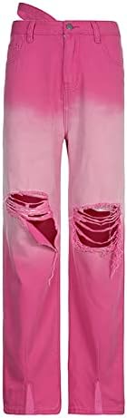 ЈУХАОТИН ситни ленени панталони за жени Со мала должина Жени Фармерки Со Висок Струк Готски Широки Тексас Панталони Лабави Секојдневни
