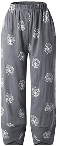 Wocенски женски глуварче печатени летни панталони, еластични панталони со широки нозе, обични панталони со дното на дното на