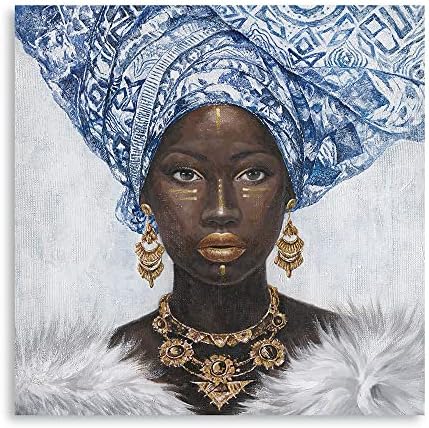 Сликарство со сина и бела порцеланска масло од афтиј: Афроамериканска wallидна уметност црна девојка платно уметност сликарство