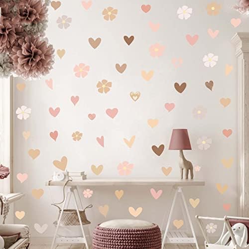 Hataru шарени цвеќиња wallидни решенија, пастели срца wallидни уметности налепници за спална соба лушпа и стап, розово цветни
