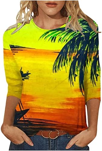 Женски врвови 3/4 ракави хавајски кошули 3Д зајдисонце кокосови дрвја печатат летни маички плажа обични УВ заштитни сонце