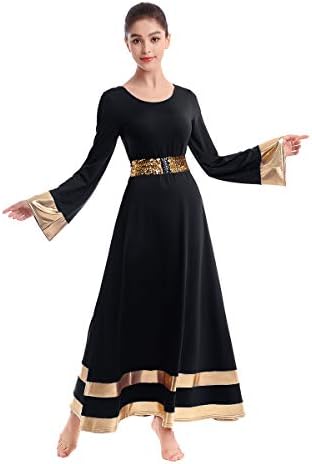 Womenените метални пофалби танцувачки фустан bellвонче со долг ракав со целосна должина литургиска туника здолниште+секвенци
