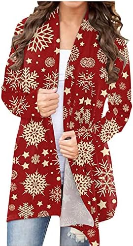Christmasените Божиќ со долг ракав кардиган Божиќ симпатични графички врвови обични отворени предни лесни јакни за жени