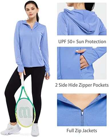 Dpowienенска женска атлетска јакна лесен долг ракав upf 50+ кошули за пешачење целосен патент за заштита од сонце со џебови