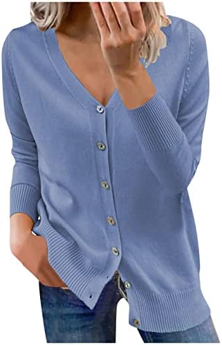 Женски лесен кардиган џемпер случајно копче со долг ракав надолу отворено предна плетена облека за надворешна облека против