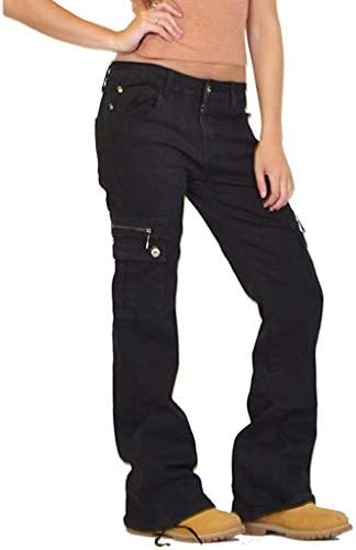 Широки фармерки за нозе за жени деригирани товари на копчето за пламен, плус големина слаби панталони панталони со панталони