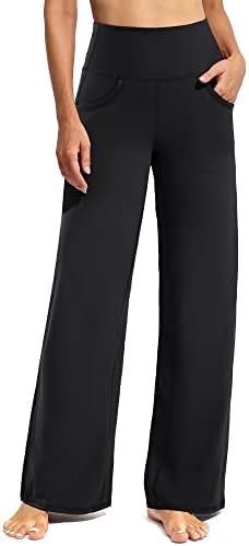 Проверете широки нозе јога панталони за жени лабави удобни одблесоци џемпери со џебови со високи панталони за истегнување на