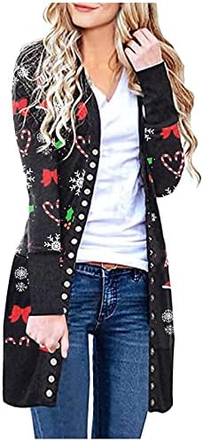 Грди Божиќни џемпери за жени 2022 плус големина обична мода есен зимски кардиган со долг ракав отворен фронт, смешни Божиќни