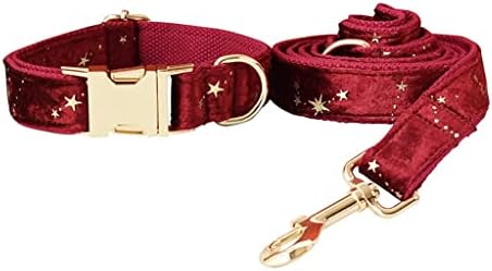 FLOYINM персонализирана јака за кучиња Божиќ црвен кадифено лак вратоврска јака и поводник сет со куче „Златни starsвезди“