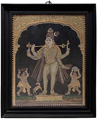 Егзотична Индија 29 x 35 Bhikshasthana Shiva Tanjore сликарство | Традиционални бои со 24к злато | Рамка од тиково дрво |