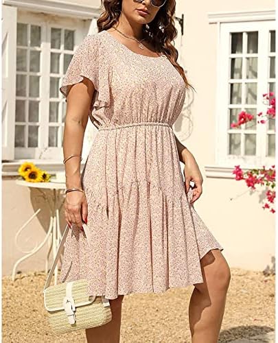 Wpoumv плус големина фустан за жени лето цветно печатење на тркалезниот врат Обичен краток ракав фустан на плажа, проток на